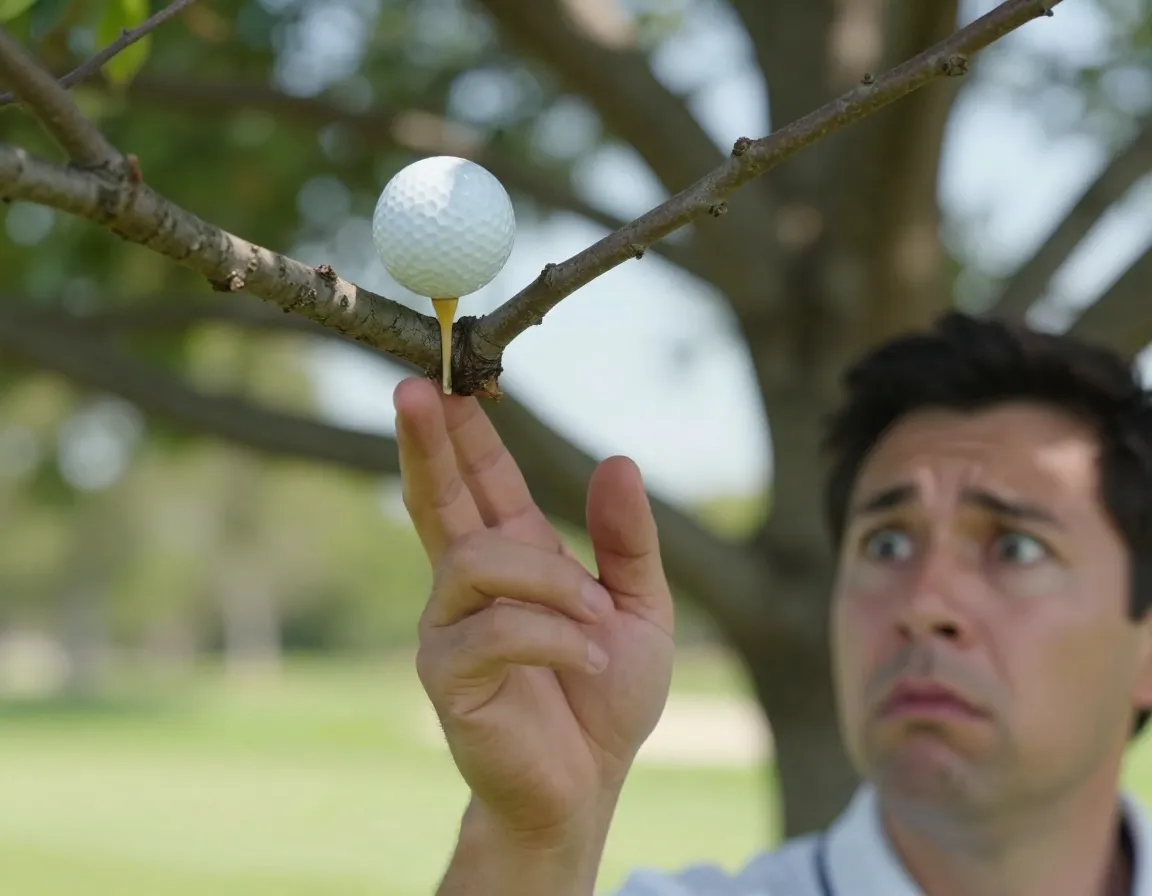 Golf ball lodged in tree branch with golfer reaching up confused