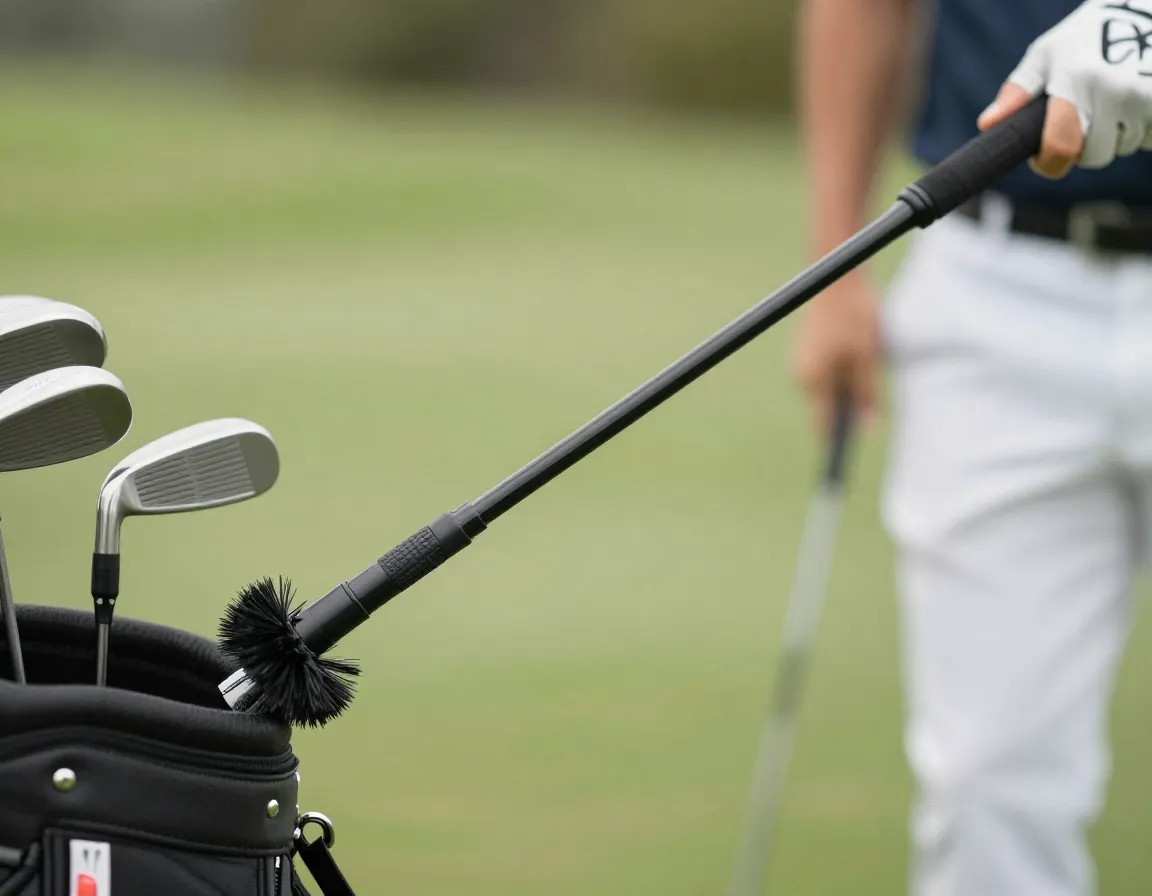 Retractable golf brush extended from a golf bag to clean a club