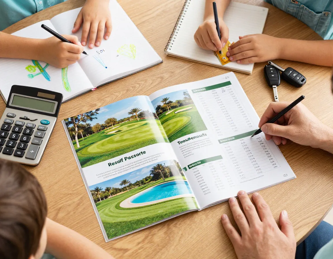 Family reviewing golf resort package brochure with value breakdown