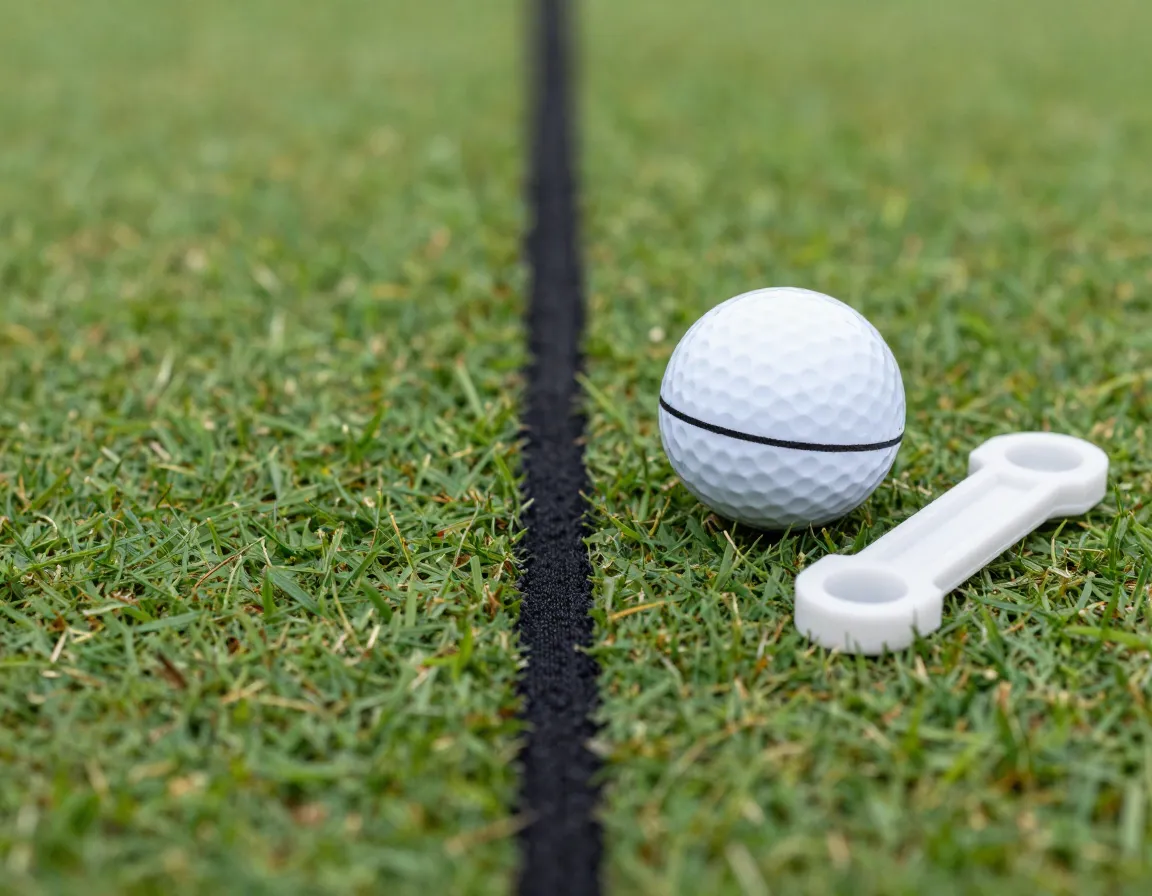 Golf ball with a precise alignment line drawn by a stencil tool