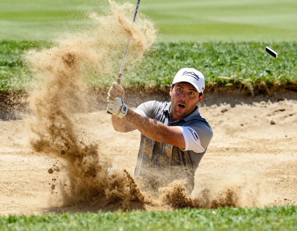 Golfer covered in sand emerging from bunker cloud