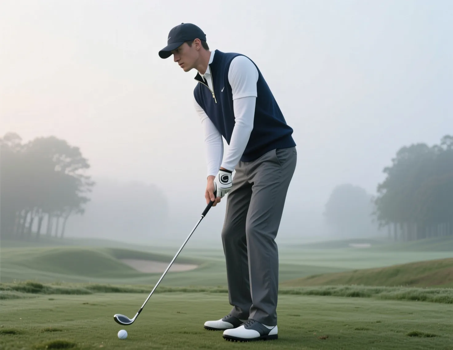 Layered professional golf outfit quarter zip over polo technical pants