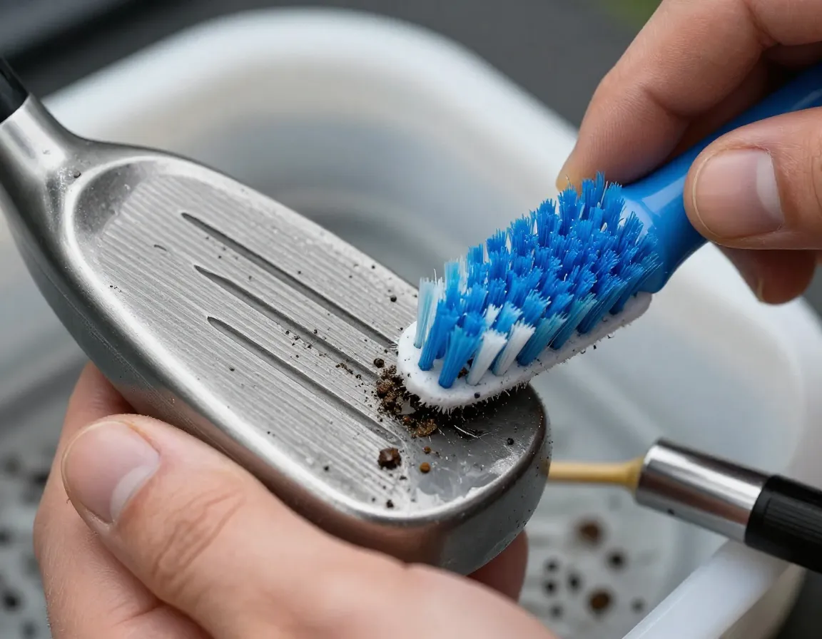 Scrubbing golf club grooves clean with a soft bristled toothbrush