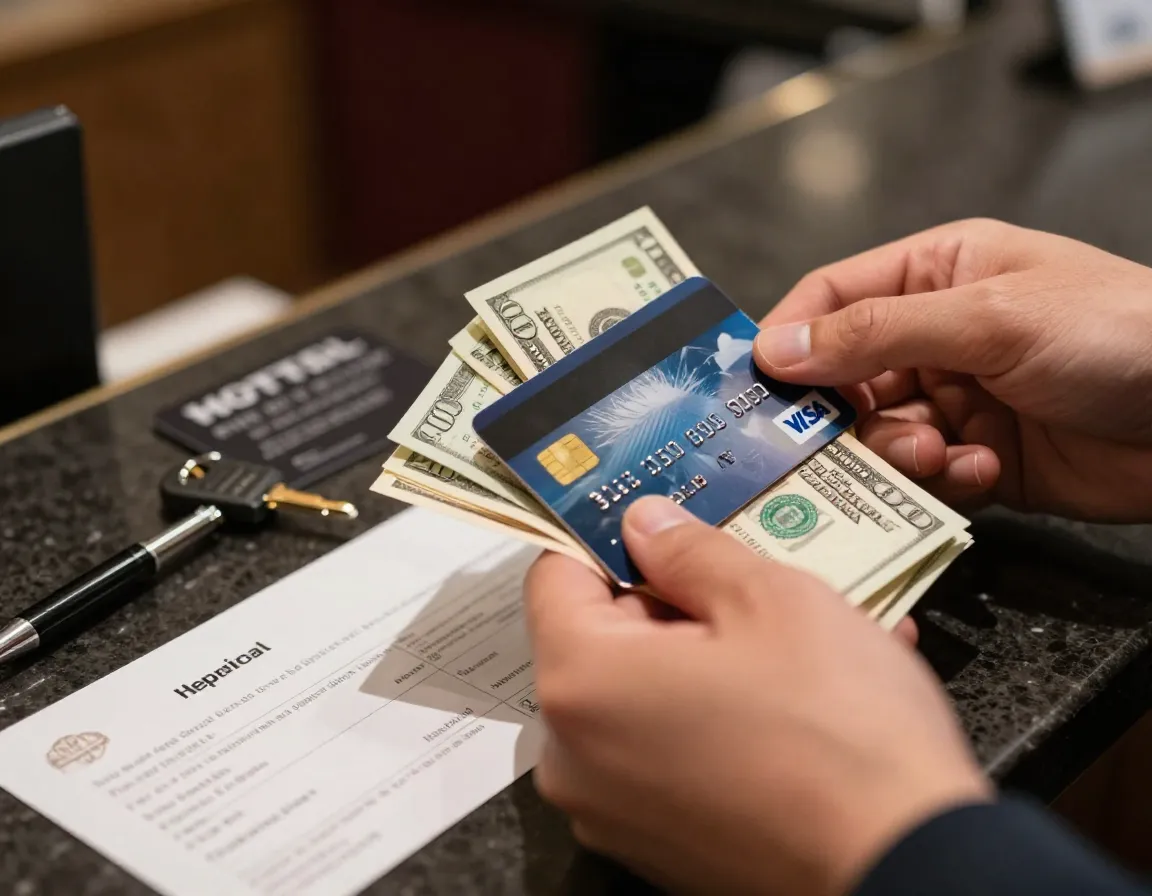 Hands holding credit card and cash for hotel deposit payment