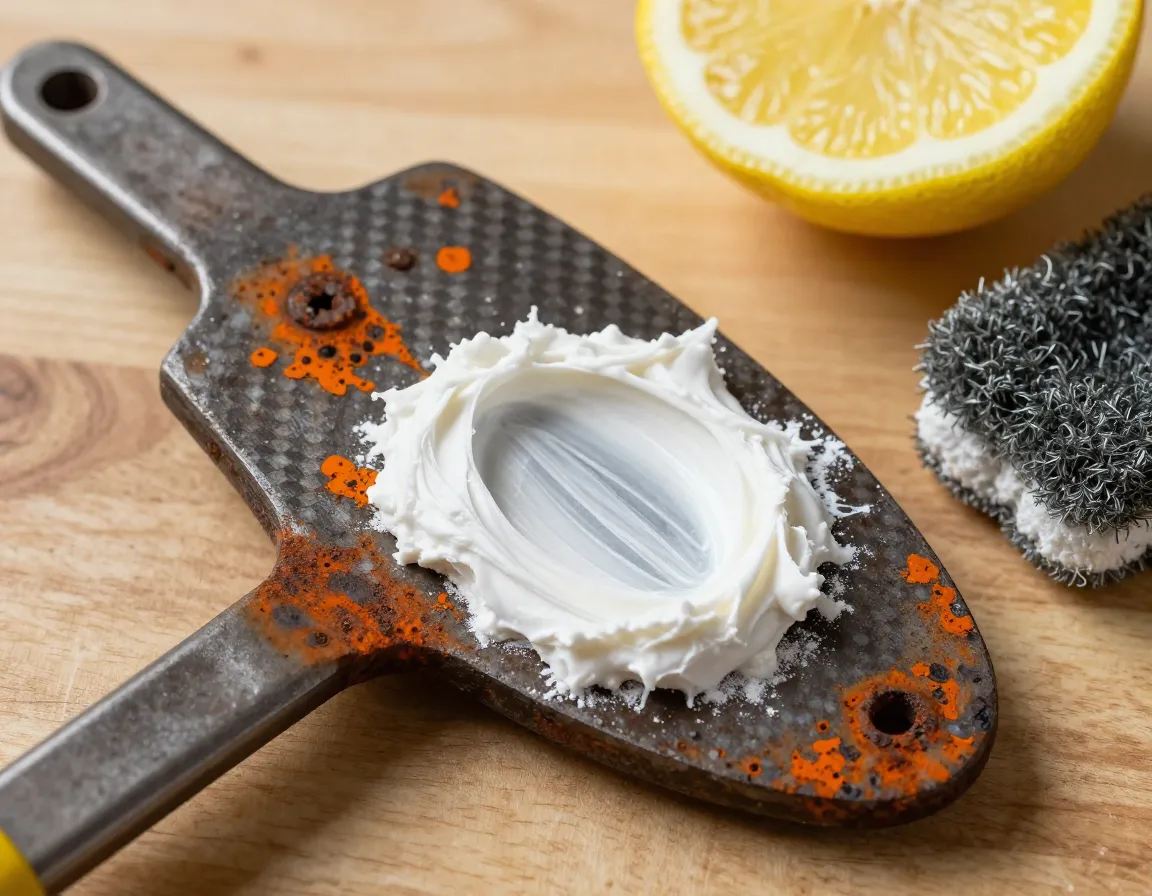 Removing rust spots with lemon juice and baking soda paste application