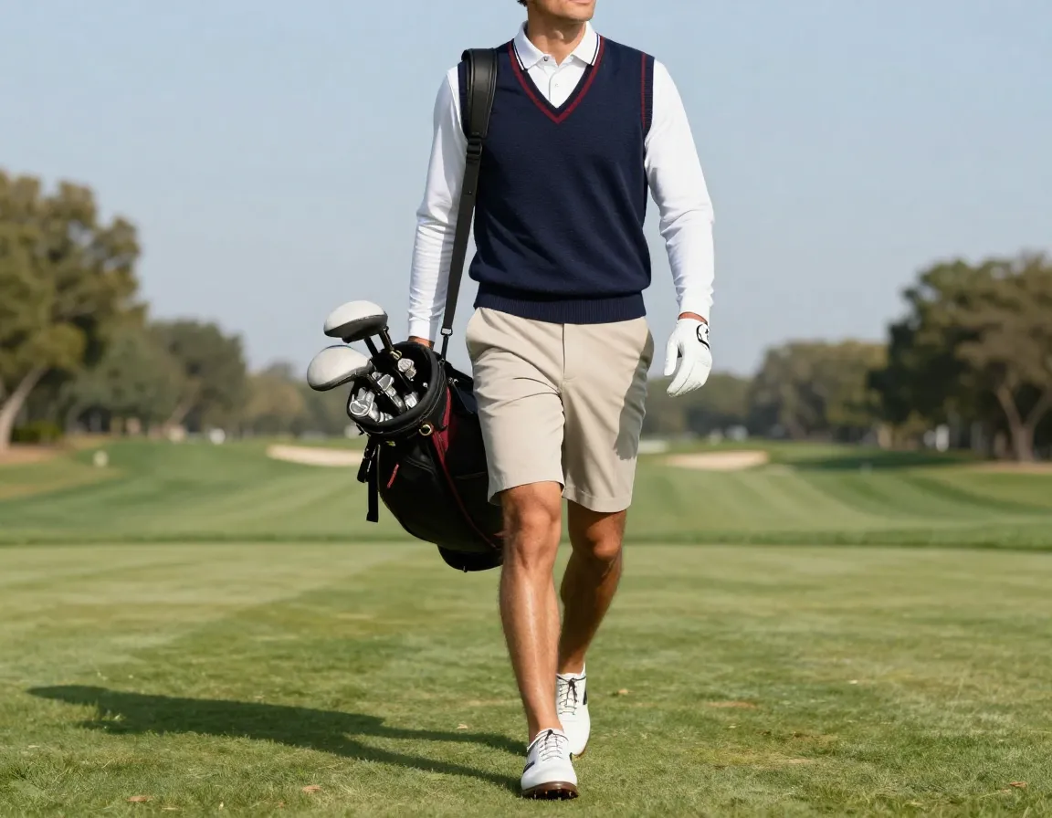 Retro revival golf outfit knitted vest over polo tailored shorts