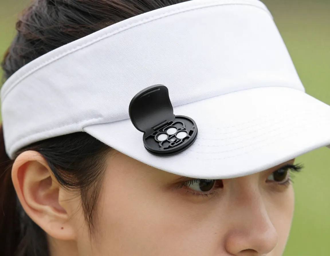 Stylish hat clip ball marker attached to a womans golf visor