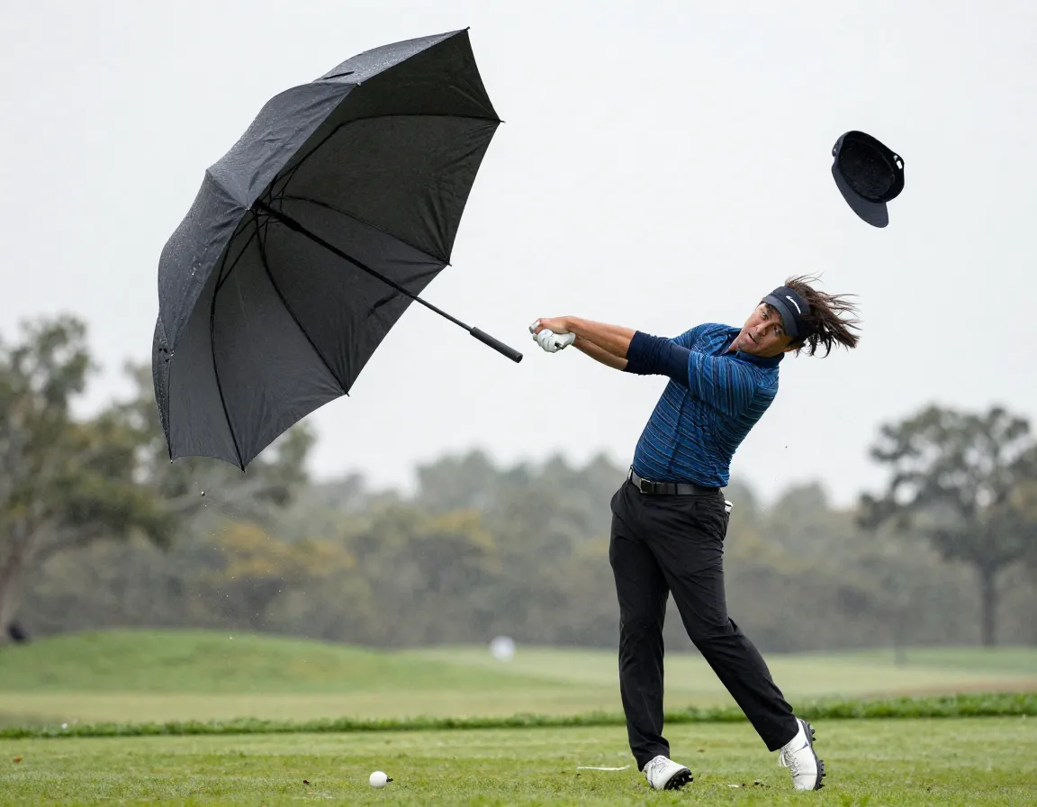 Golfer mid swing with umbrella inside out and hat flying off