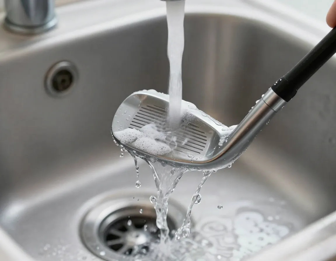 Rinsing cleaned golf club under running water to remove soap residue