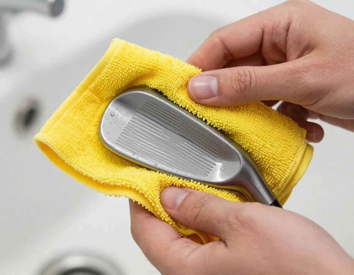 Drying a golf club thoroughly with a yellow microfiber cloth