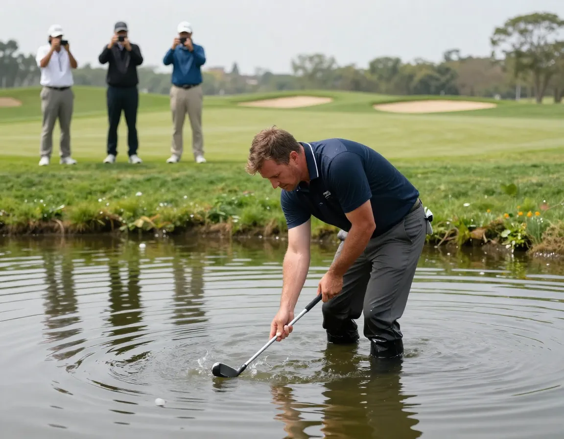 Golfer waist deep in pond fishing for ball with resigned determination