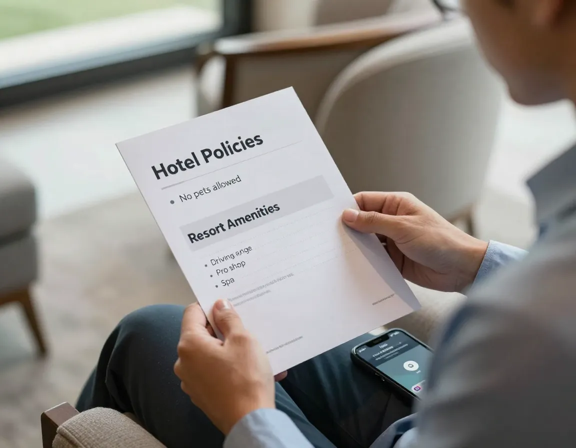 Guest holding hotel information sheet reviewing pet policy and amenities