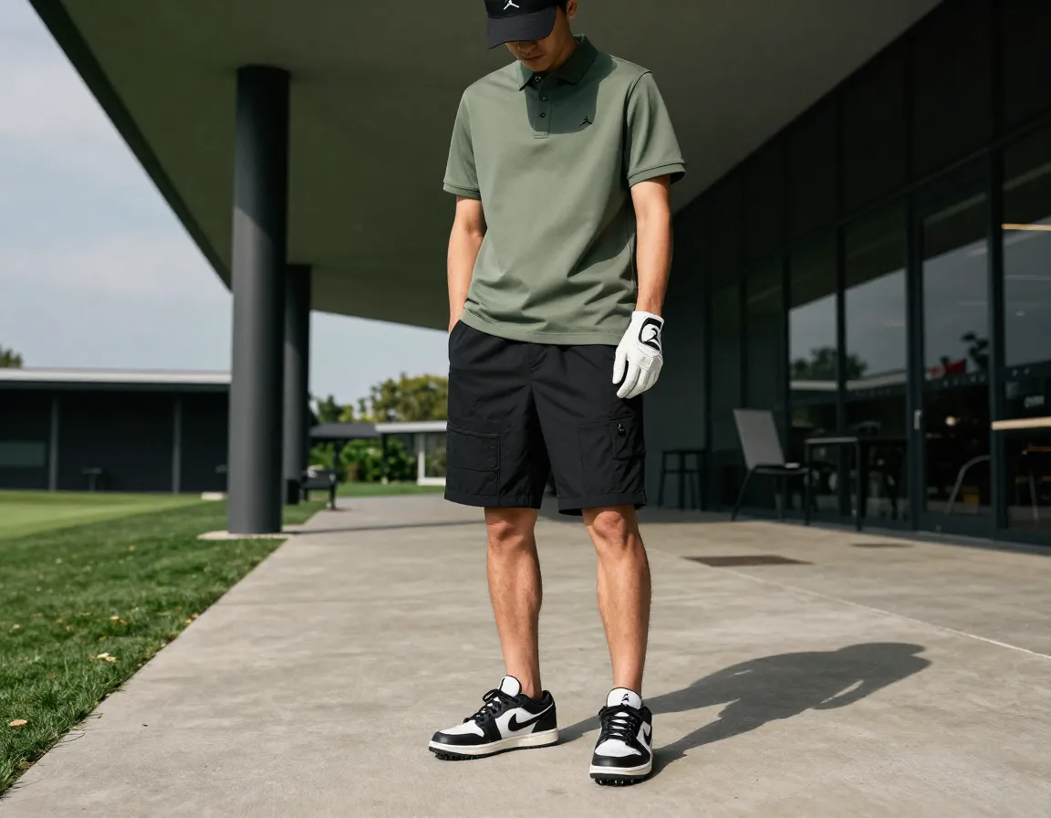 Streetwear inspired golf ensemble urban polo technical shorts jordan lows