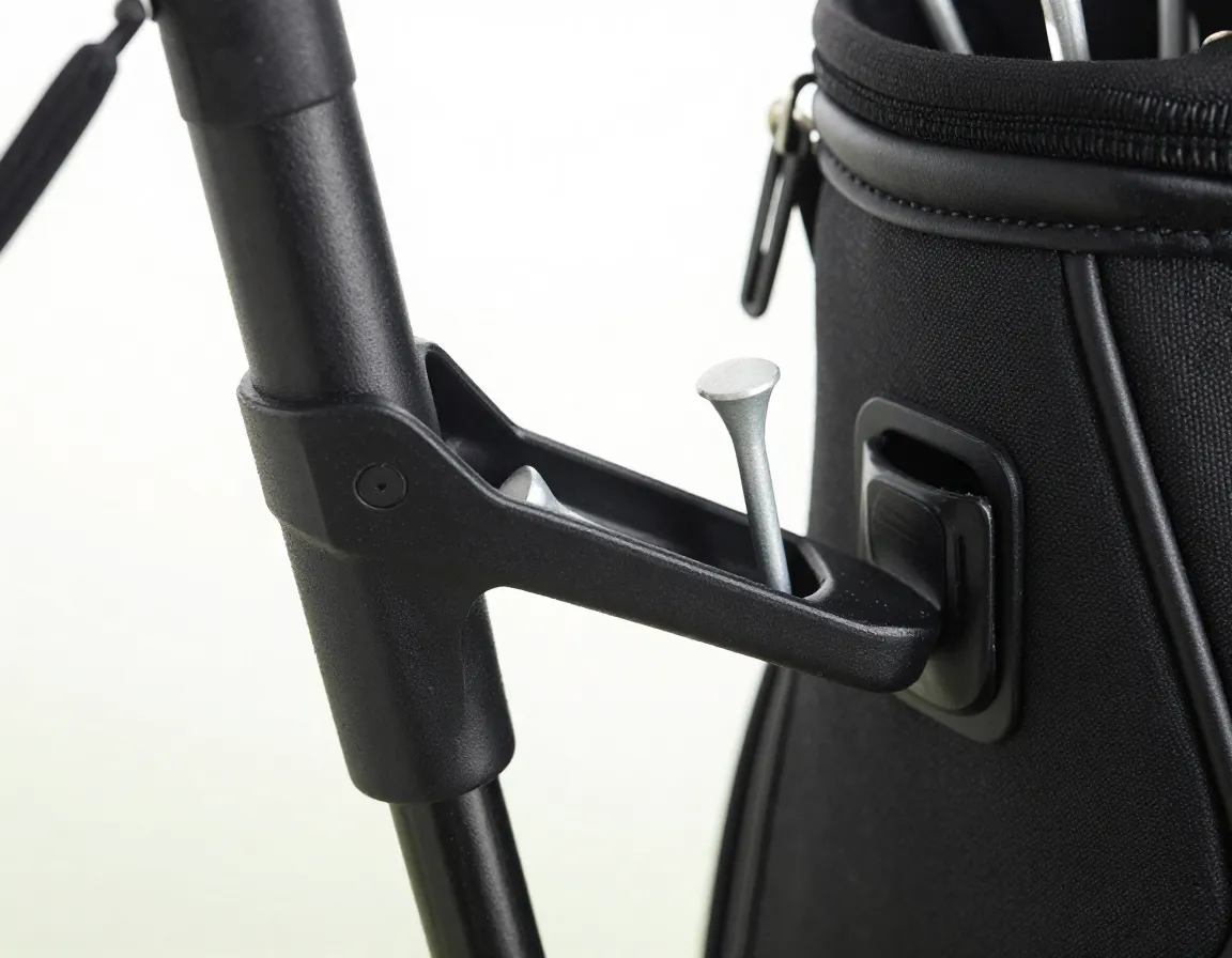 Ergonomic tee holder attached to a golf bag dispensing a single tee