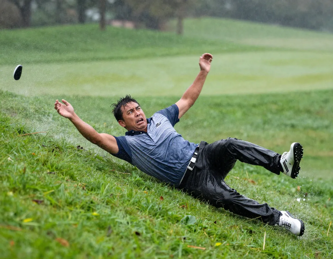 Golfer sliding down steep wet slope arms windmilling for balance