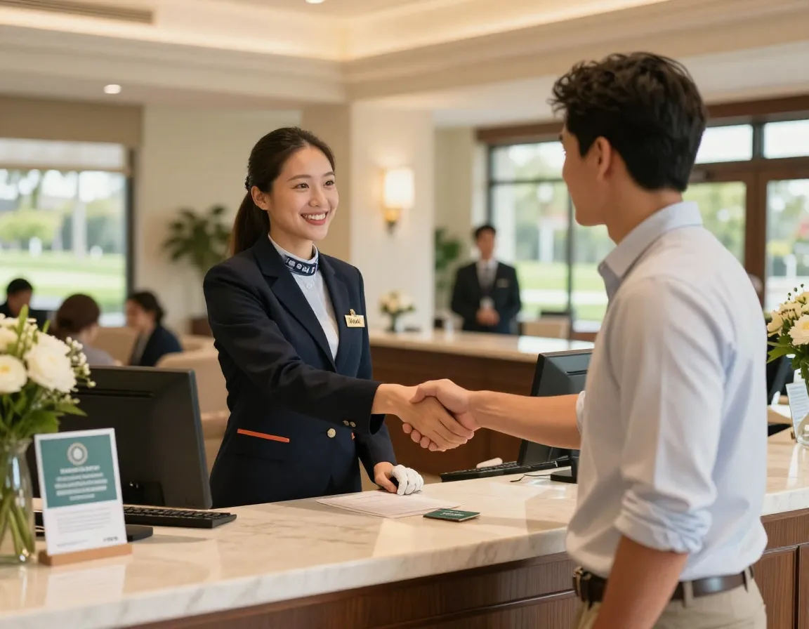 Traveler shaking hands with smiling hotel concierge at front desk