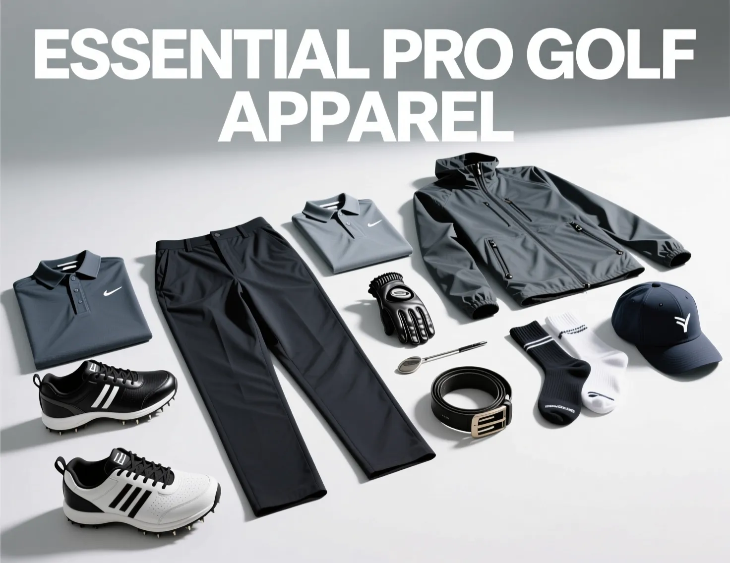 Premium golf apparel essentials laid out professionally on clean background