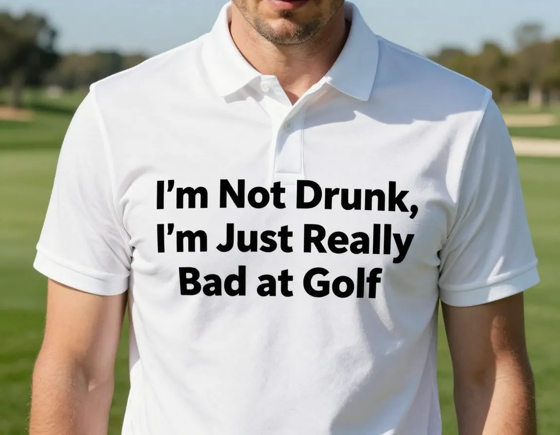 Man in golf polo with funny drinking and driving text slogan
