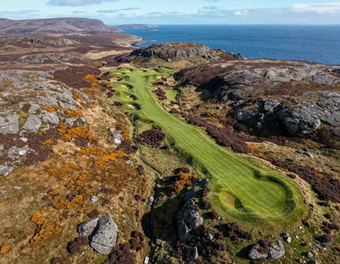 Old petty scottish highlands heather gorse links by moray firth aerial view
