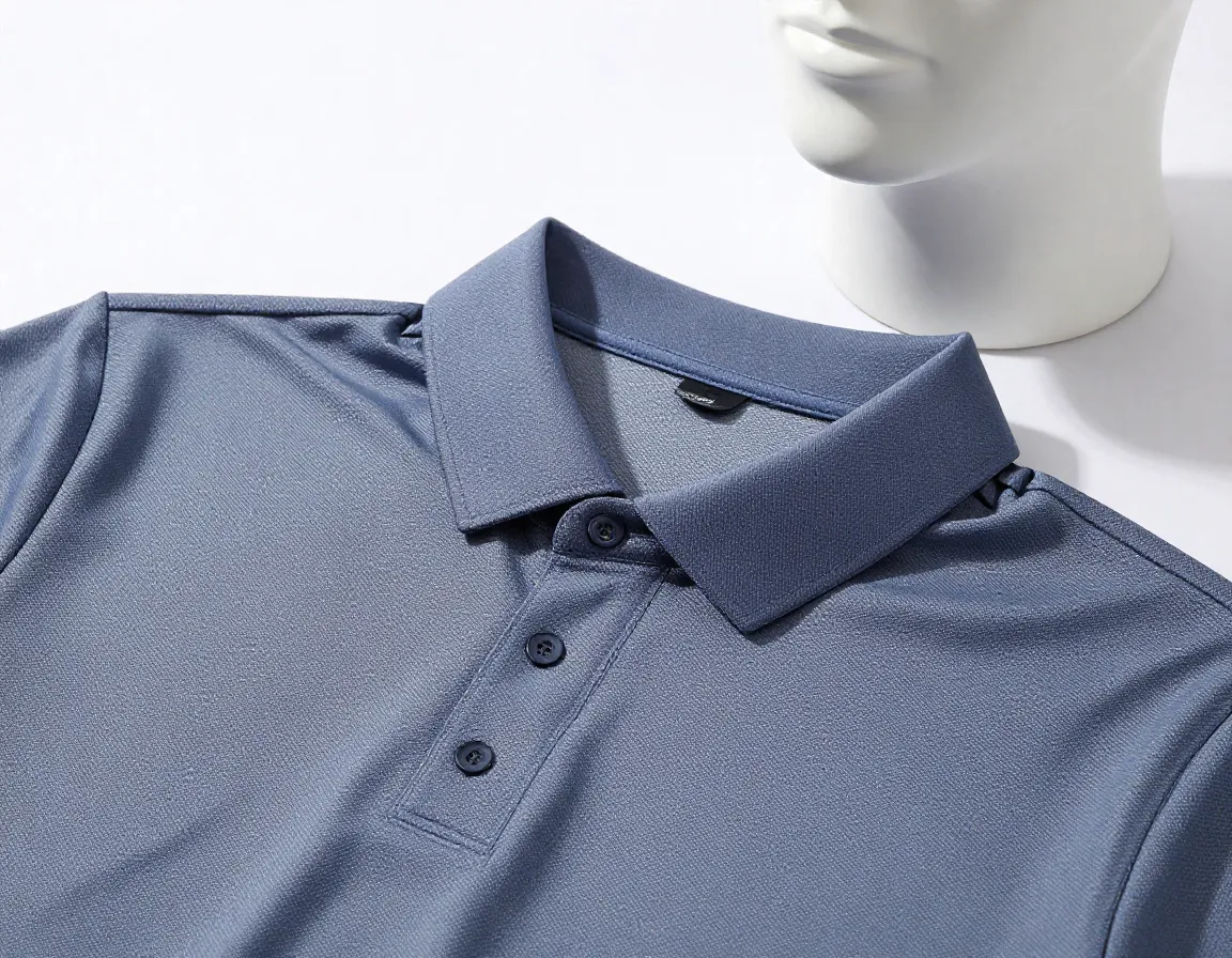 Technical performance polo shirt closeup shot details moisture wicking