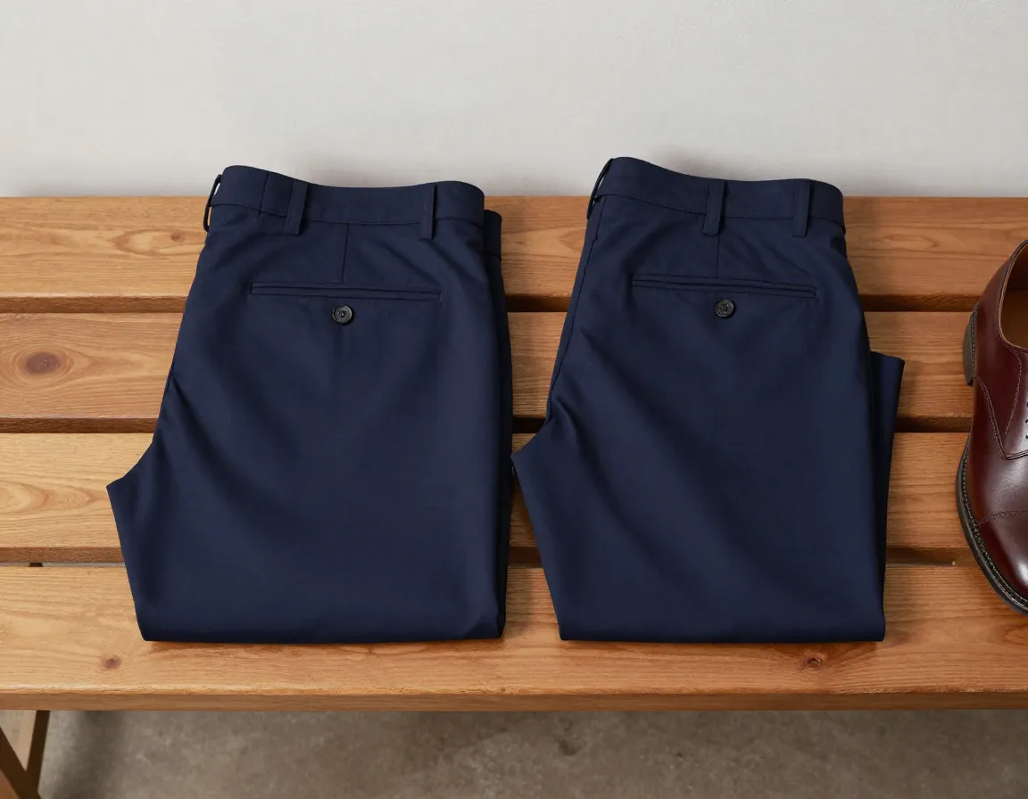 A pair of tailored navy golf trousers neatly folded on a wooden bench