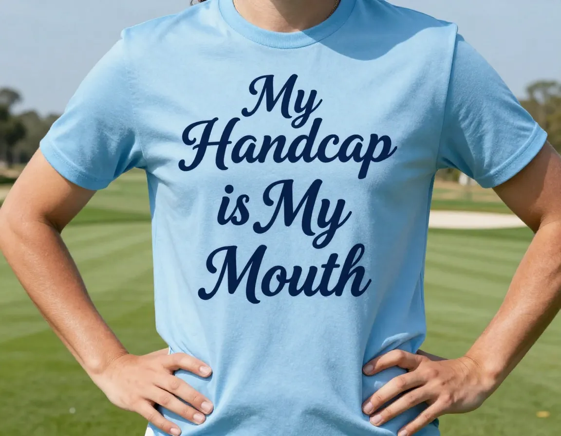Golfer in shirt with suggestive my handicap is my mouth phrase