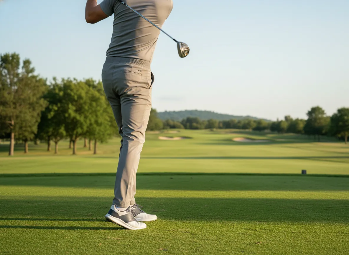 Man wearing tailored technical golf joggers mid swing green