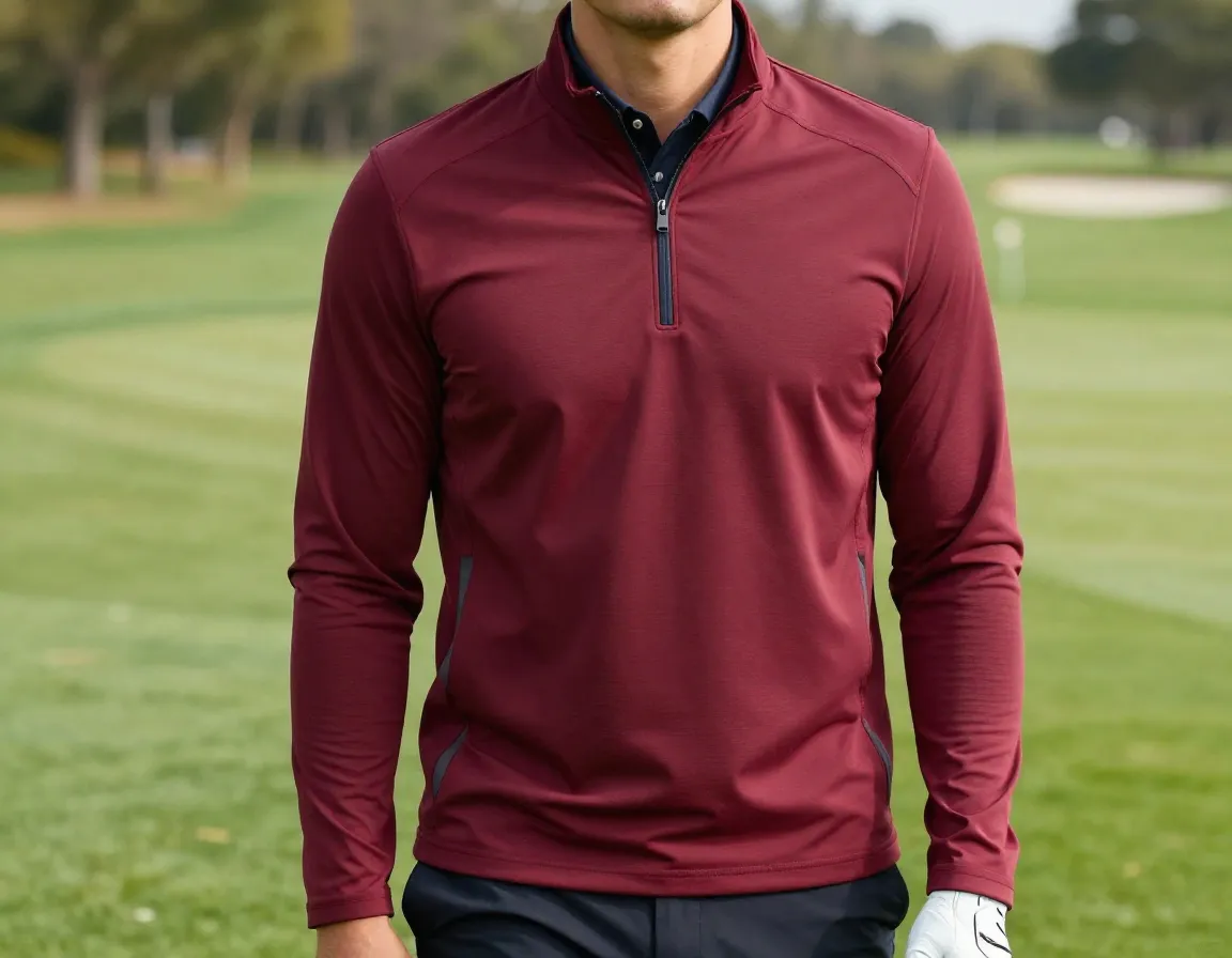 Quarter zip mid layer on golfer layered over polo course
