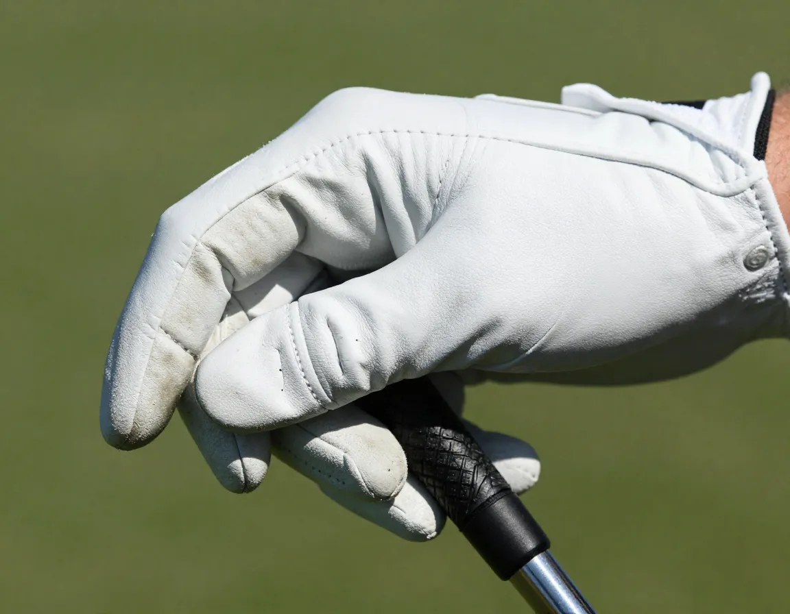 A closeup of a premium white leather golf glove gripping a club