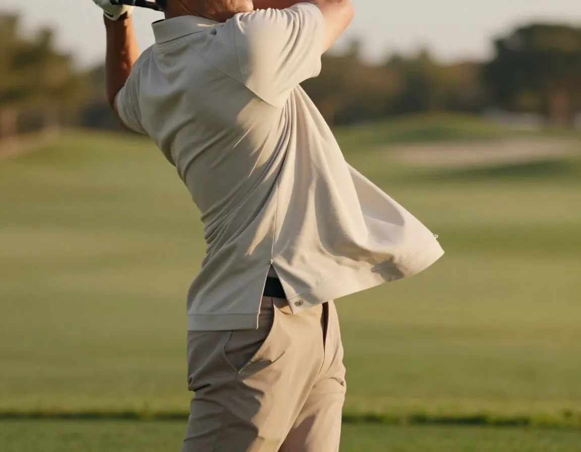 Drapey pullover minimal branding golfer practice swing