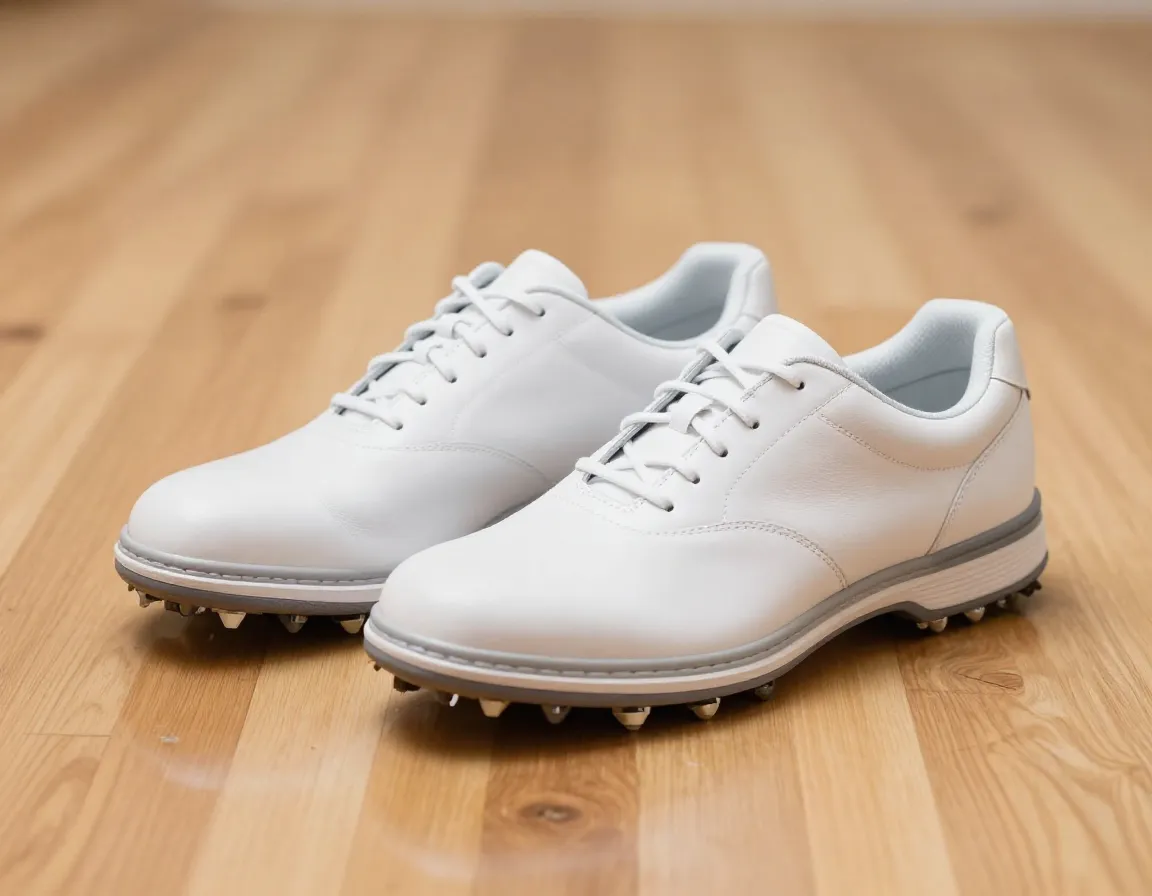 A pair of stylish spikeless white golf shoes on polished wood floor