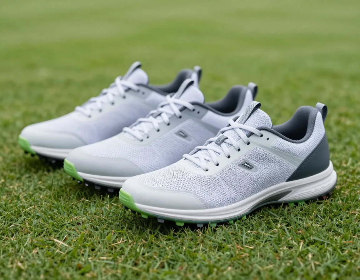Modern waterproof golf sneakers on grass green closeup