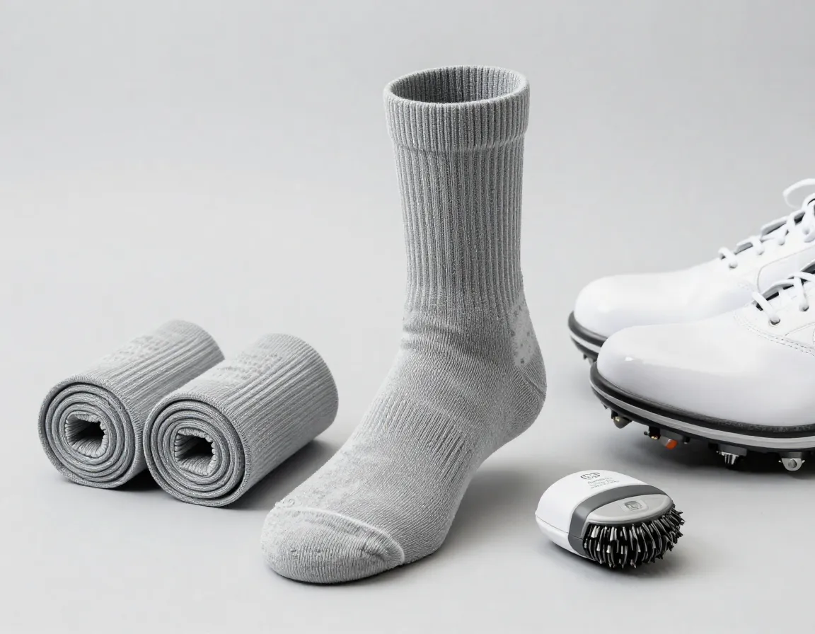 A rolled pair of gray performance golf socks next to a golf shoe