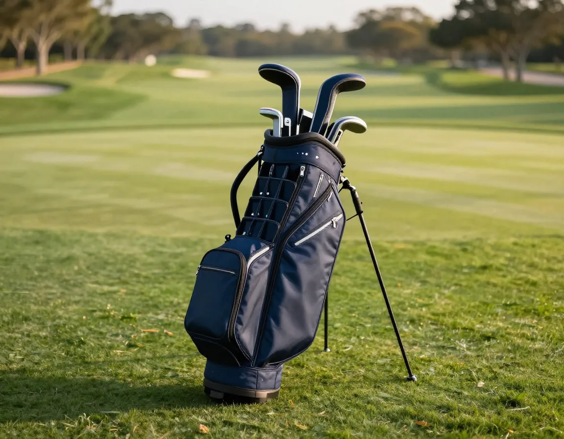 An organized navy golf bag with clubs on a lush fairway