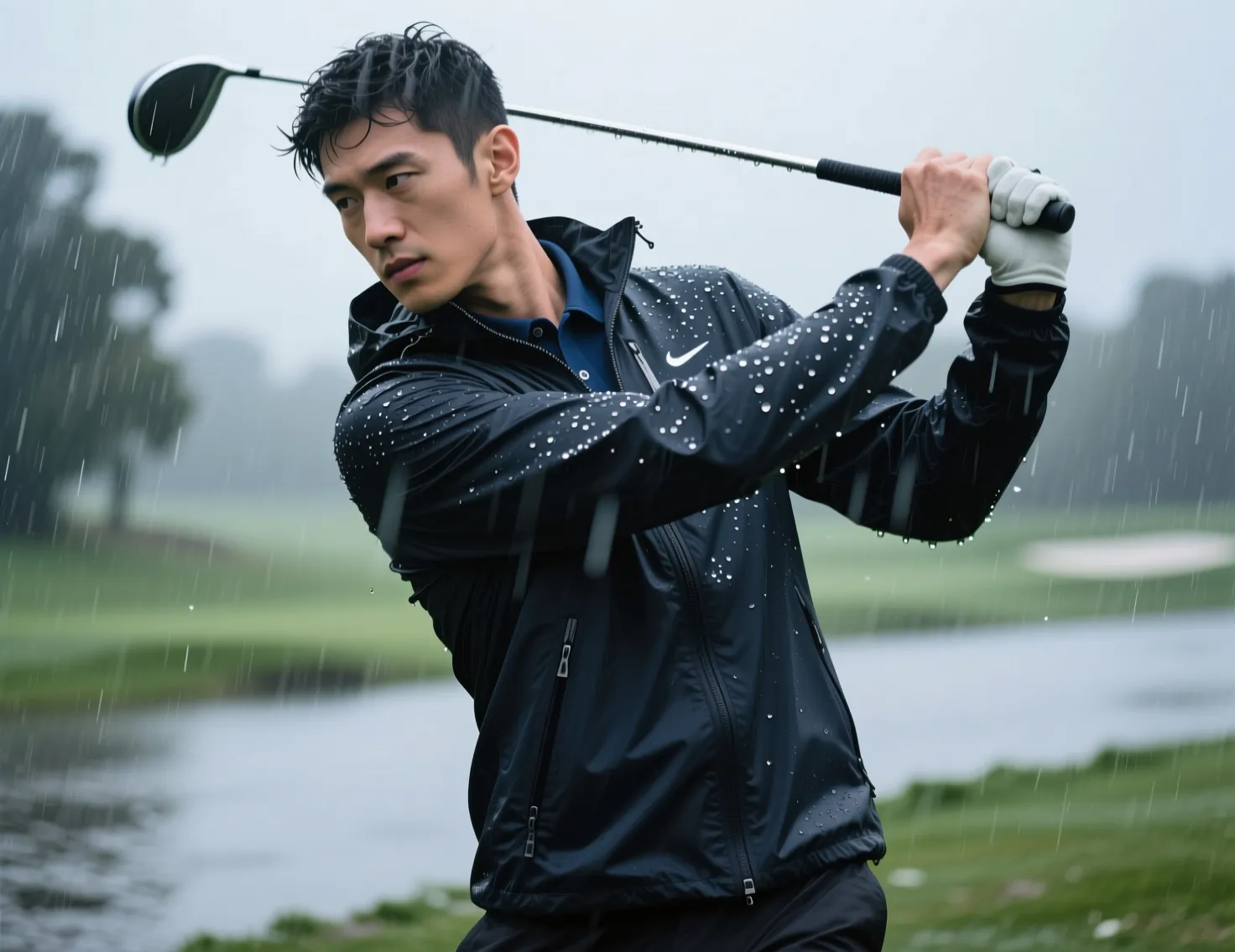 Golfer wearing technical rain jacket in wet weather conditions