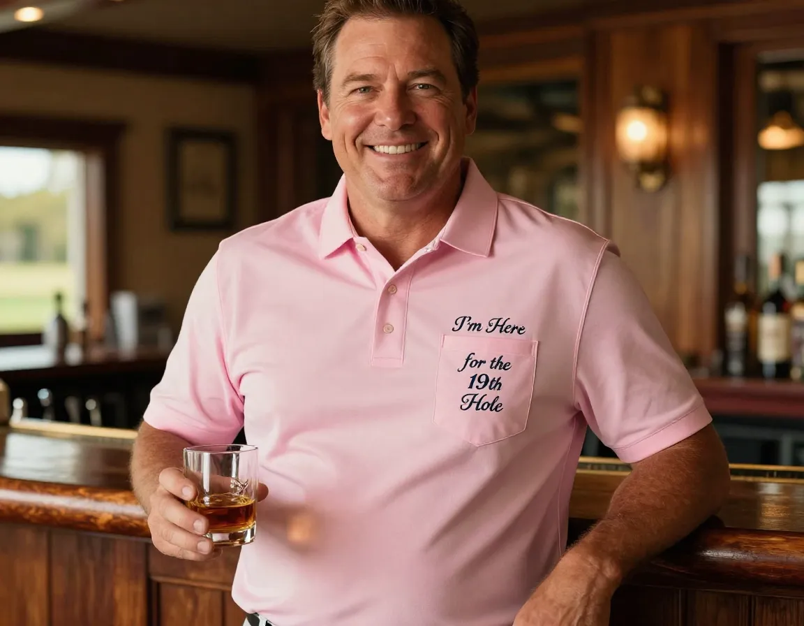 Golfers shirt proclaiming primary interest is the 19th hole