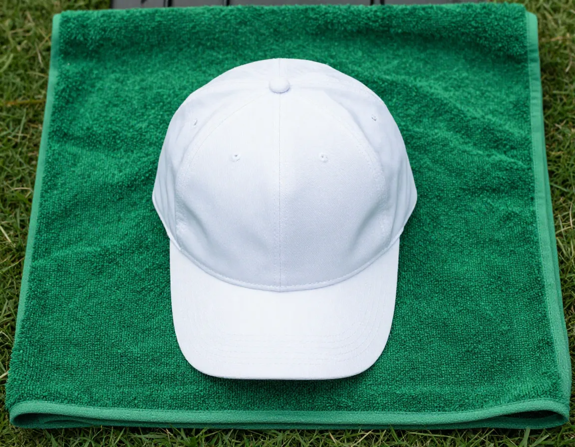 A classic white golf cap resting on a green golf towel