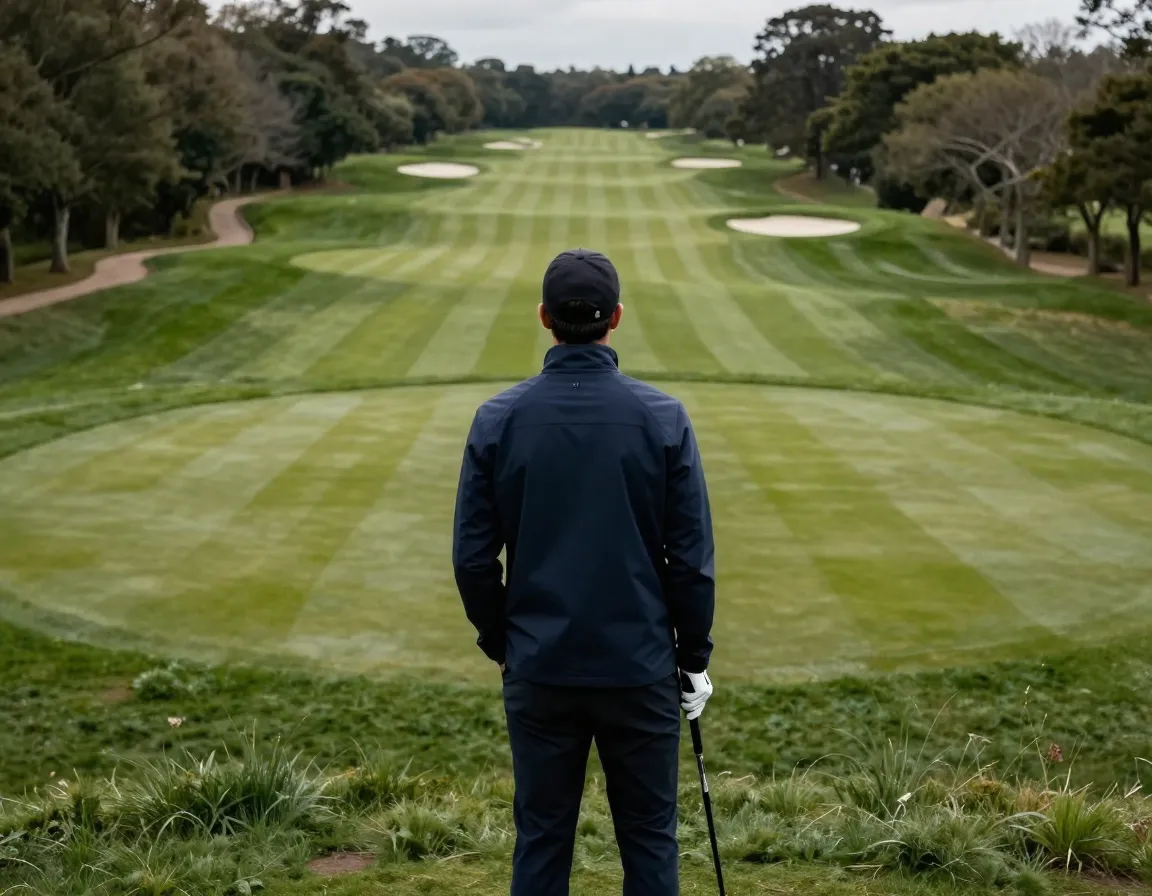 Monochromatic golf jacket quiet luxury golfer overlooking course