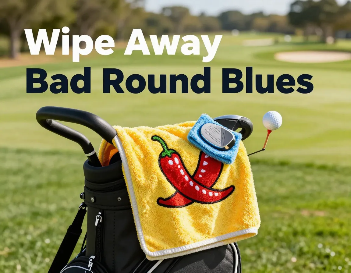 Chili pepper golf towel wipes club on sunny fairway closeup