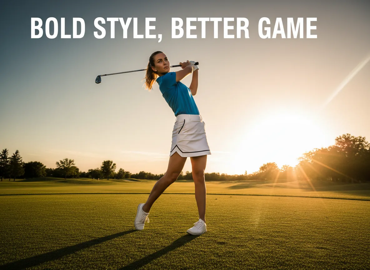 Confident female golfer modern attire sunset course