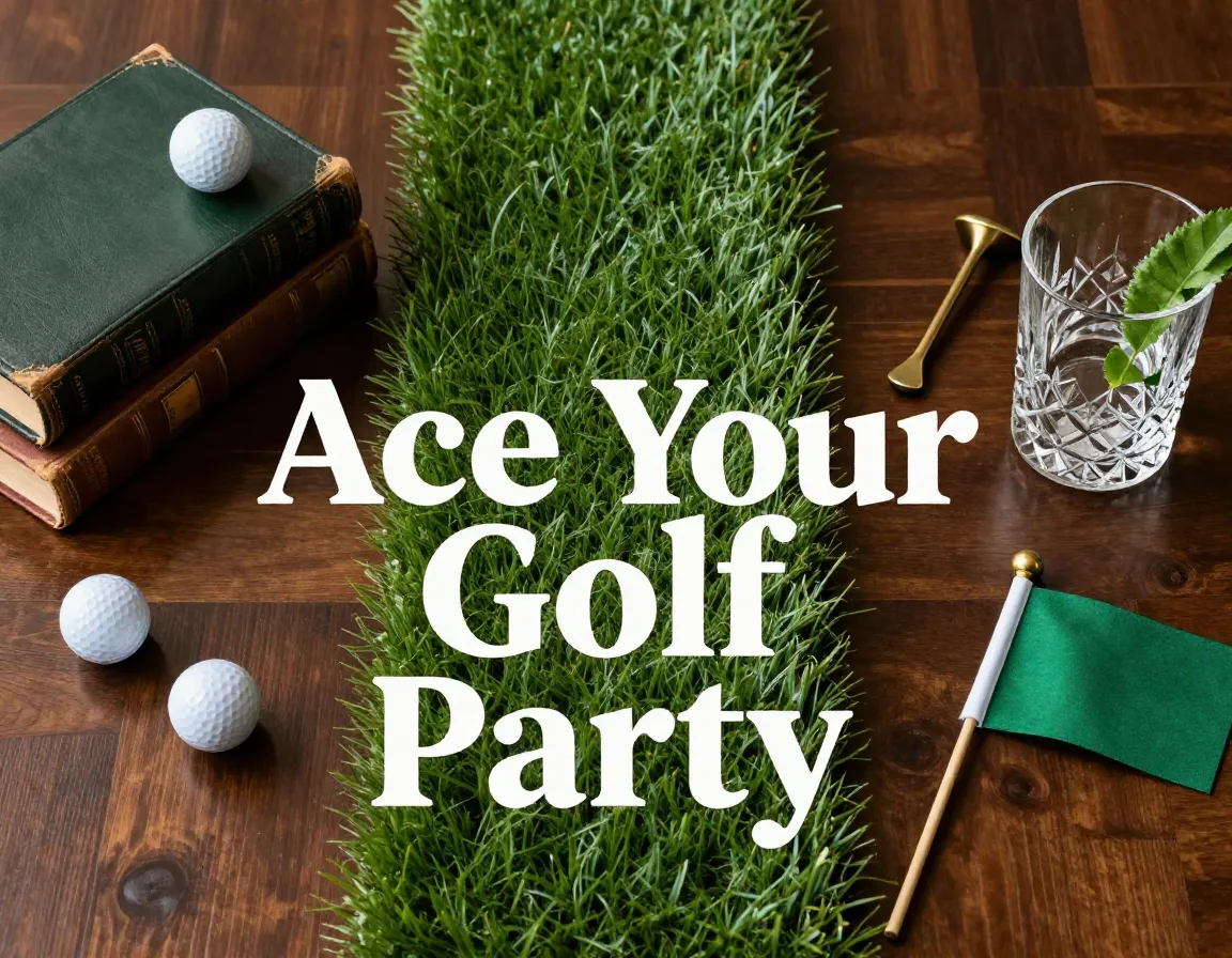 Elegant golf party decor flat lay with turf and accessories