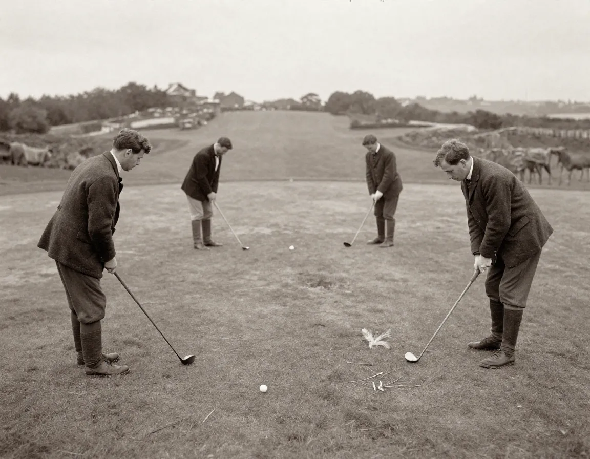 1860s st andrews links golfers in wool jackets with wooden clubs