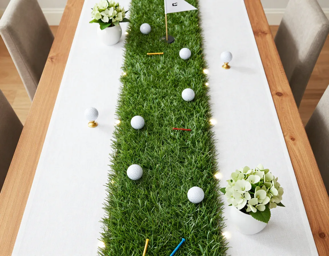 Artificial turf runners and golf ball decor on dining table