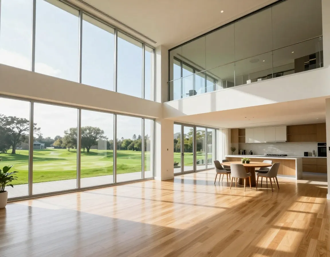 Open floor plan with golf course views from high ceiling apartment interior