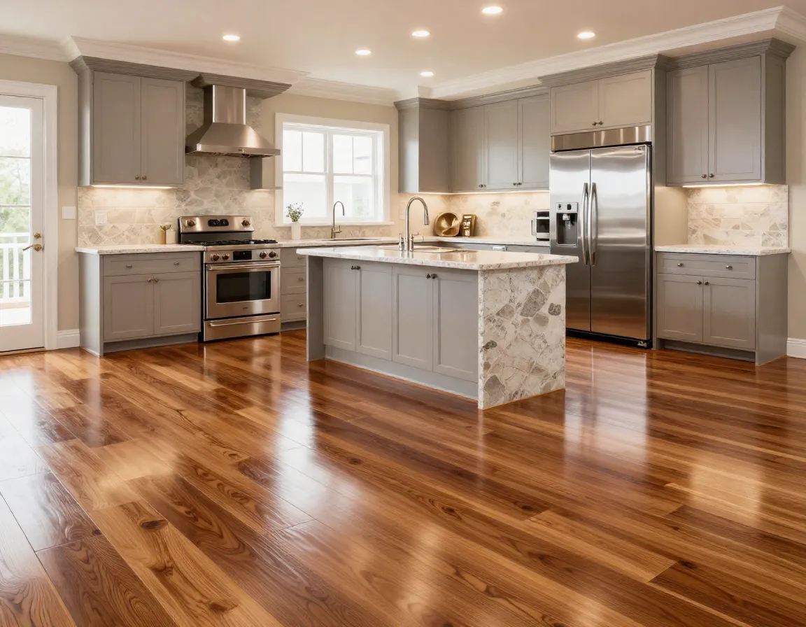 Gleaming hardwood floors and stone countertops in luxury apartment finishes