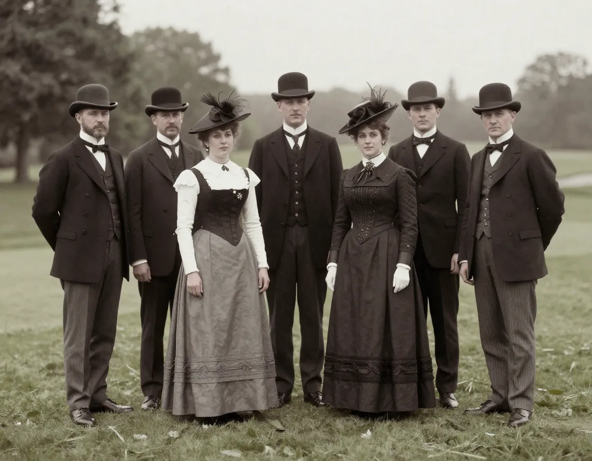 Victorian era golfers in formal suits and full length skirts