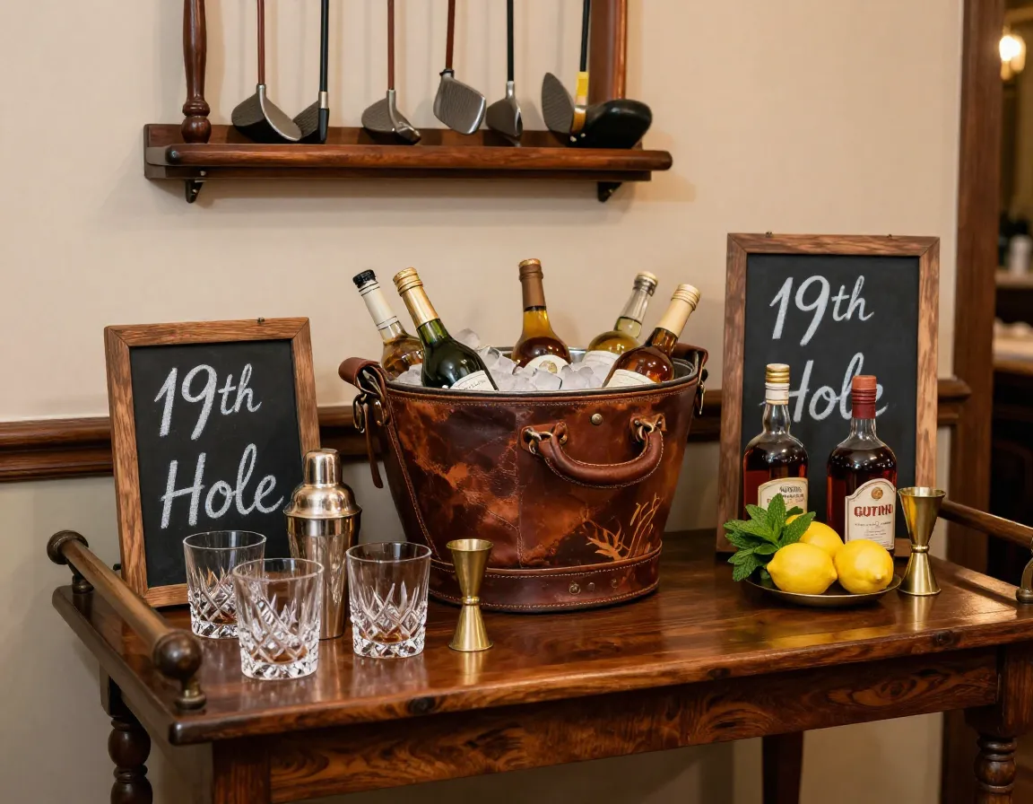 Vintage golf memorabilia and leather bar station setup