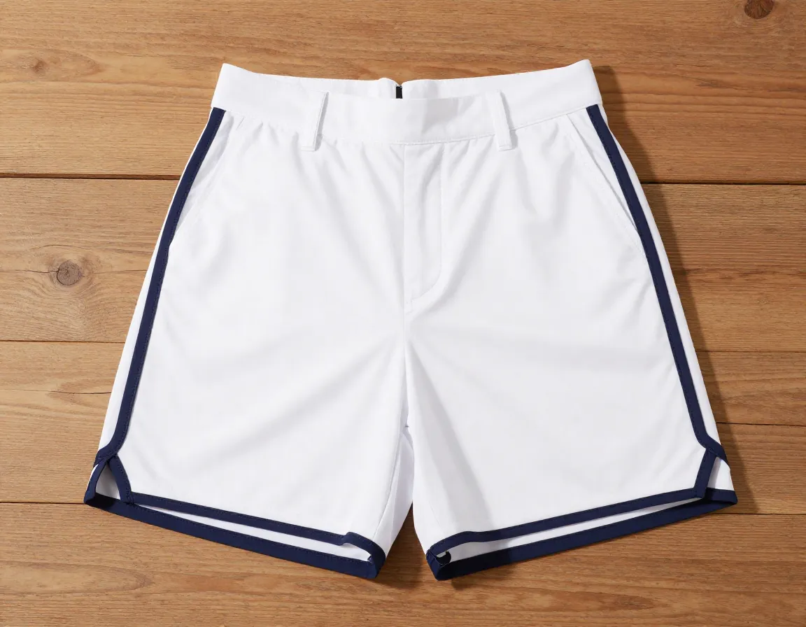 White golf skort with navy contrast binding and pleats in a clubhouse