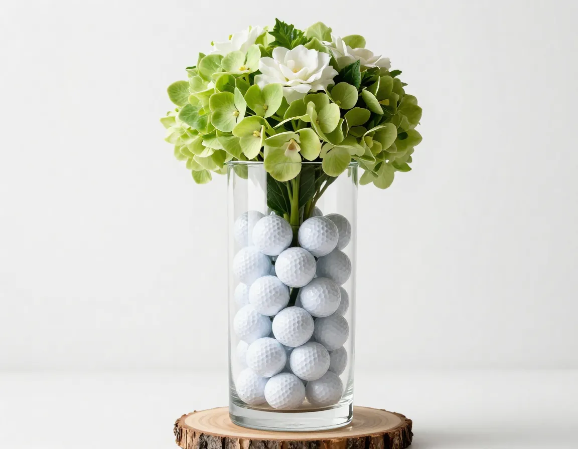 Clear vase centerpiece with white golf balls and green florals