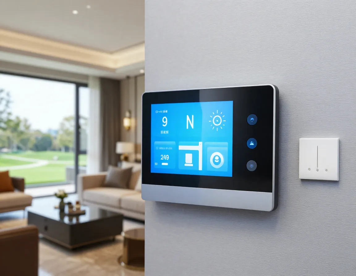 Smart home tablet control panel in luxury apartment living room setting